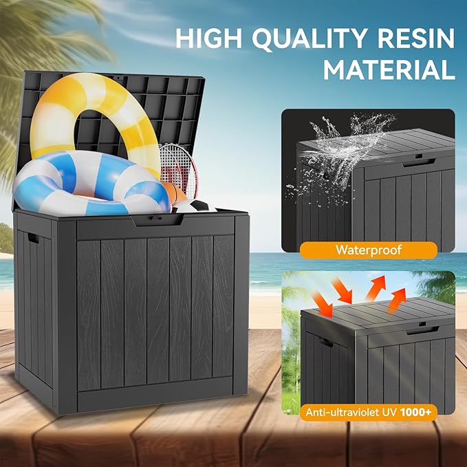 KAMABOKO Deck Box, 32 Gallon Resin Indoor and Outdoor Storage Boxes Waterproof for Garden Tools, Pool Accessories Storage Bench, Patio Furniture and Cushions with Lockable Lid, Black-Ruum Studio Home