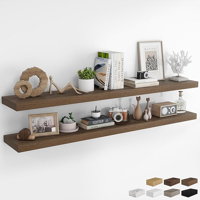 RICHFOCUS 72Inch Floating Shelves for Wall 2 Pack Shelves for Bedroom|Kitchen|Bathroom Wall Mounted Rustic Wood Floating Shelf with Invisible Brackets for Books|Storage|Decor, Walnut-Ruum Studio Home