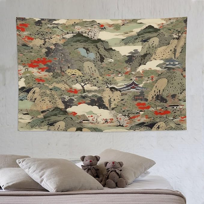 Asian Tapestry,Japanese Red Landscape Asian Watercolor Abstract Art Tapestry, Asian Japanese Wall Tapestry, Nature Landscape Tapestries for Bedroom Living Room Decor 90"x60"-Ruum Studio Home