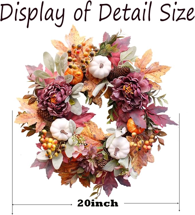 20Inch Fall Wreaths for Front Door,Fall Wreath,Fall Decorations for Home,Autumn Wreaths with White Pumpkins Peony Pine Cones, Fall Door Wreath for Thanksgiving Halloween Indoor Outdoor Decor-Ruum Studio Home