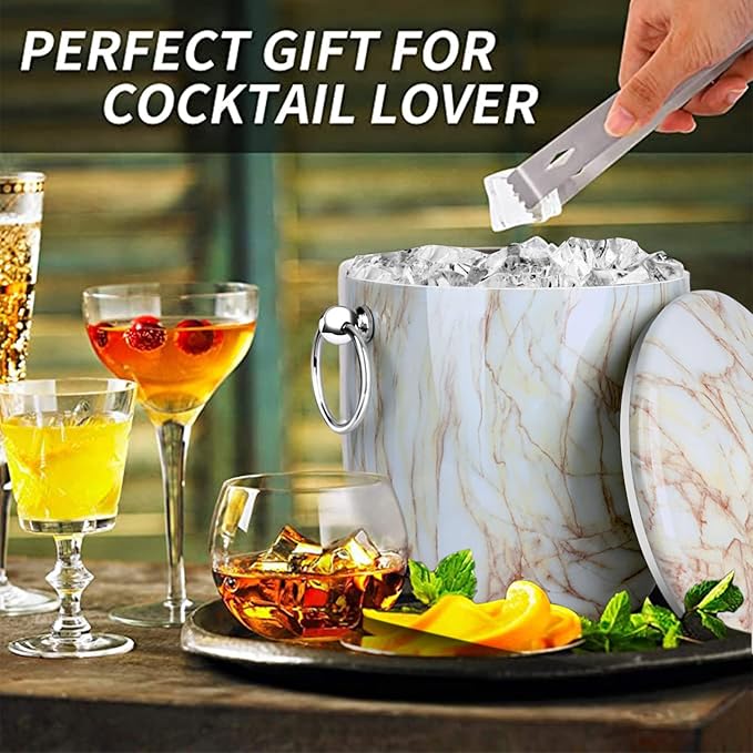 Ice Bucket with Lid, Scoop, Tongs and Strainer - Well Made Insulated Stainless Steel Keep Ice Frozen Longer - Ideal for Cocktail Bar, Parties, Chilling Wine, Champagne - 3 Liter (CarraraMarble)-Ruum Studio Home