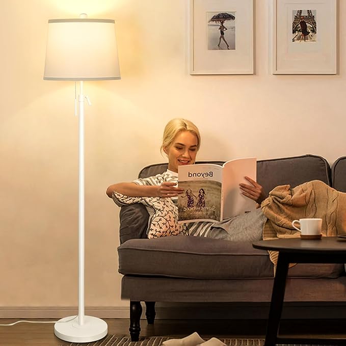 White Floor Lamp for Living Room 55-65" Adjustable Height Modern Standing Lamp with Pull Chain Tall Pole Light with White Shade for Bedroom Reading Office Corner Nursery 9W LED Bulb Included 3 Color-Ruum Studio Home