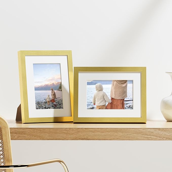 Vittanly 6x8 Picture Frames Set of 9, Shatter Resistant Plexiglass, Display 4x6 Pictures with Mat or 6x8 without Mat, Photo Frames for Wall or Tabletop, Engineered Wood, Gold-Ruum Studio Home