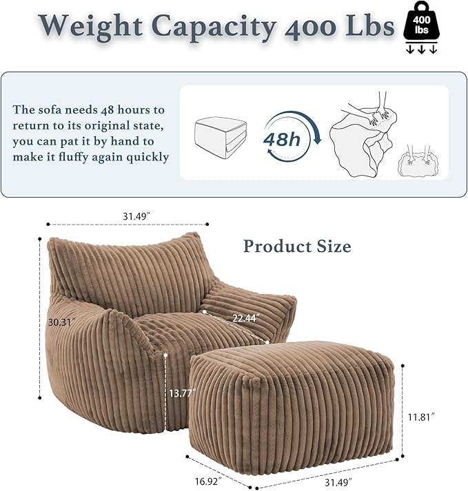 Oversized Bean Bag Chaise Lounge Chair Indoor for Adults with Armrests & Ottoman - Giant Comfy Khaki Beanbag Floor Sofa Cloud Accent Chair for Reading, Gaming, Cozy Plush Cloud Mini Couch-Ruum Studio Home