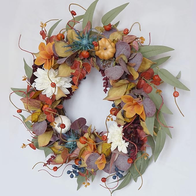 Fall Wreaths for Front Door Outside 24 Inch Autumn Wreath with Pumpkins, Silk Leaves & Purple Flowers Autumn Wreaths for Front Door, Halloween Wreath Decoration, Thanksgiving Decor-Ruum Studio Home