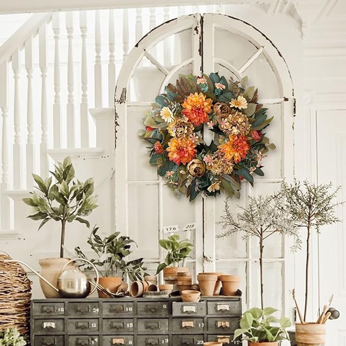 WANNA-CUL 24 Inch Spring Fall Wreaths for Front Door,Fall Wreath with Orange Hydrangea&Peony and Dahlia Flowers-Fall Decoration for Home-Large Fall Decor Door Wreath for Autumn,Harvest-Ruum Studio Home