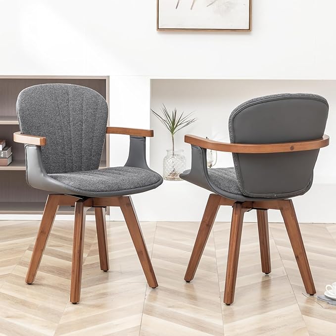 LUNLING Swivel Dining Chairs, Mid Century Modern Gray Fabric+Faux Leather Kitchen Chairs with Arms,Bamboo Legs Side Chairs No Wheels,Accent Chair for Dining Rooms and Offices(Gray Fabric,1PCS)-Ruum Studio Home