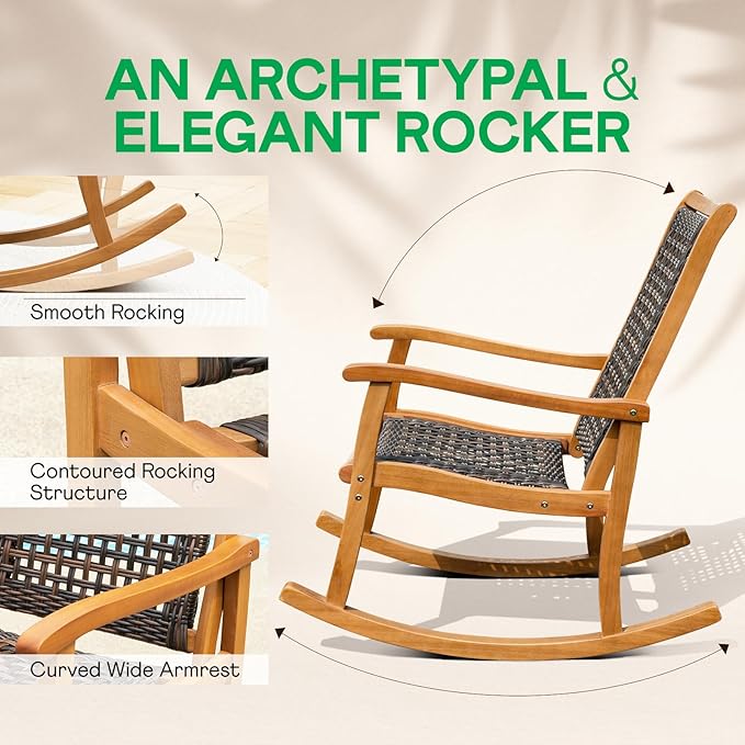 Idzo Wood Wicker Rocking Chair, 400 lbs Capacity, Durable Eucalyptus Wood, Natural Finish, Comfortable Curvy Design, Ideal for Deck, Patio Furniture, Teak Outdoor Furniture, Set of 2-Ruum Studio Home