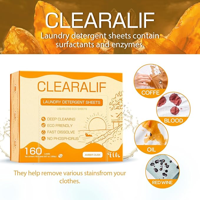 Laundry Detergent Sheets Up to 160 Loads, Amber Dusk - Great For Travel,Apartments, Dorms,CLEARALIF Laundry Detergent Strips Eco Friendly & Hypoallergenic - 80 Sheets-Ruum Studio Home