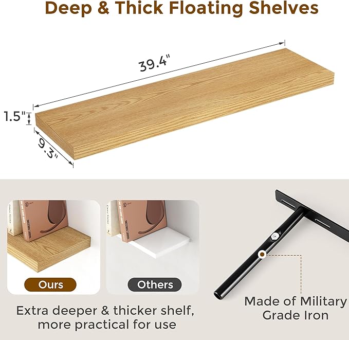 40 Inch Floating Shelvese, 40" W x 9" D Floating Shelf Set of 2, Farmhouse Wood Wall Shelves for Bedroom, Kitchen, Wall Mounted Deep Shelving for Home Decor, Oak Color-Ruum Studio Home