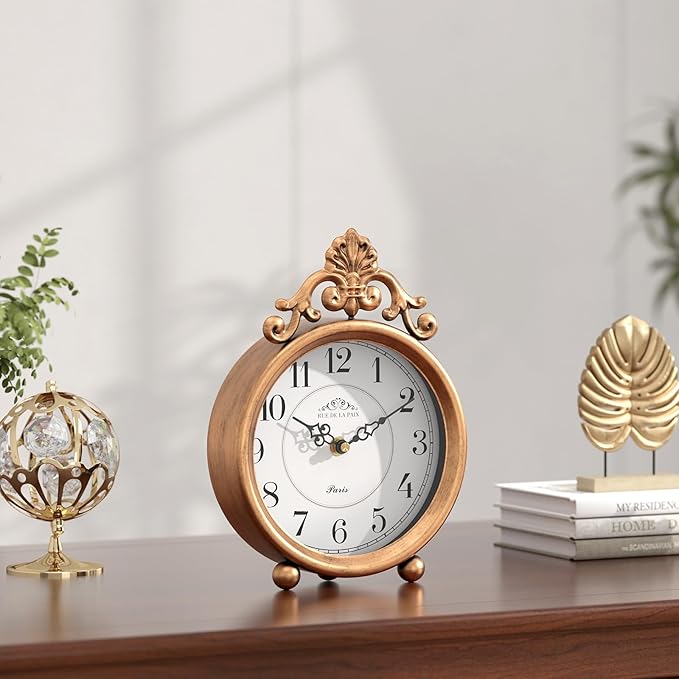 Vintage Gold Table Clock, Desk and Shelf Mantel Clock, French Rustic Antique Style Decor Clocks, for Farmhouse, Bedroom, Living Room, Bedside, Gift (9" H x 6.3" W)-Ruum Studio Home
