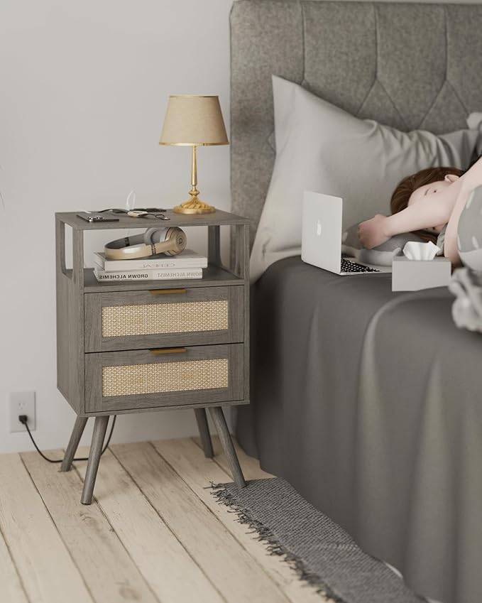 Rattan Nightstand with Charging Station,Modern Bedside Table with 2 Storage Drawer and Open Wood Shelf, for Bedroom and Small Spaces,Night Stand with Solid Wood Legs (Grey Oak)-Ruum Studio Home