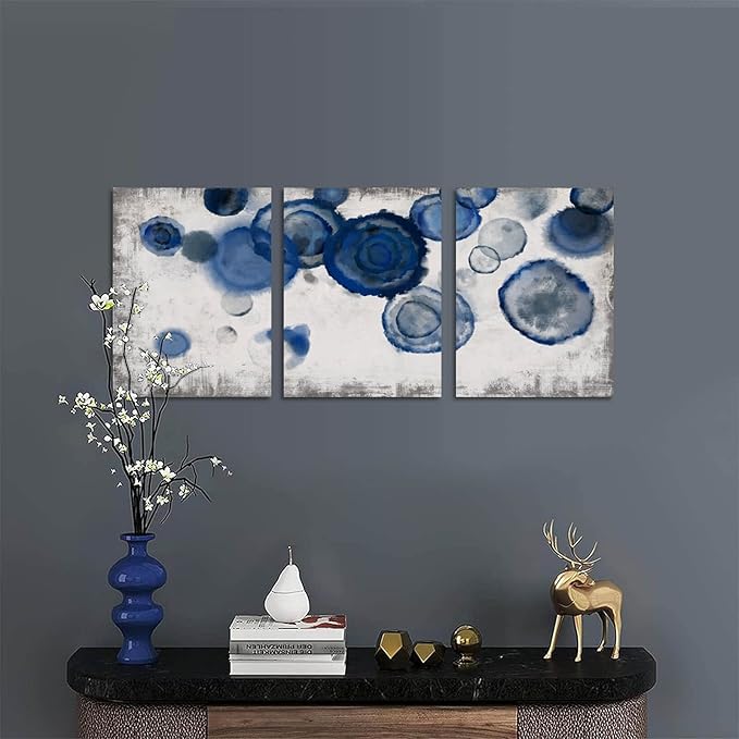 YJYart Abstract Watercolor Wall Painting Pictures for Bathroom Wall Decor Navy Blue Canvas Prints Blue and White Wall Art for Bedroom Kitchen Office 12"x16"x3p-Ruum Studio Home