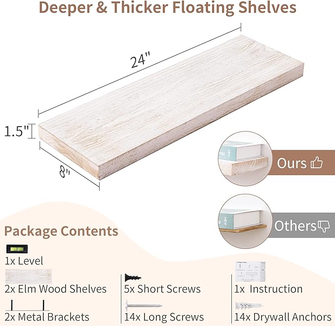 Axeman Floating Shelves for Wall, 24''W x 8''D Rustic Solid Elm Wood Wall Shelves for Storage, Wall Mounted Display Shelving with Invisible Heavy-Duty Metal Bracket (White Wash, 2PCs)-Ruum Studio Home