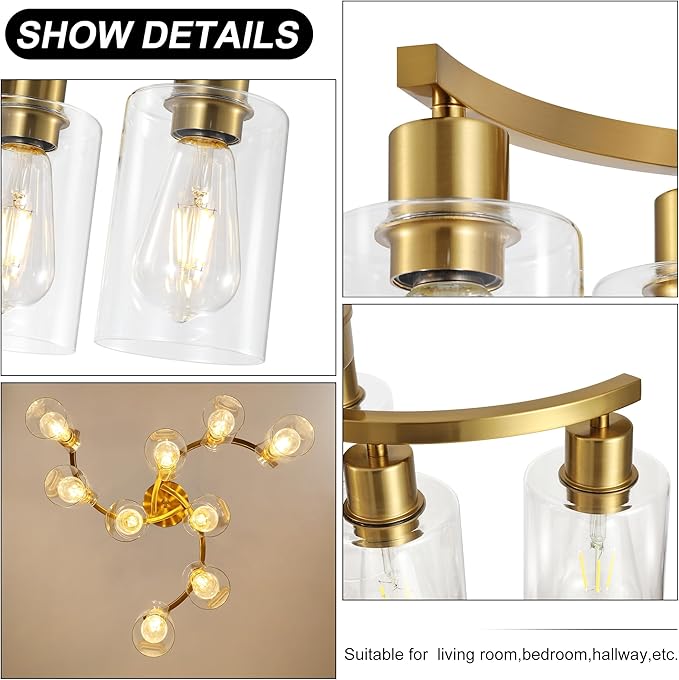 9-Light Gold Glass Chandelier, Adjustable Height Dining Room Light Fixtures Over Table, Contemporary Hanging Chandelier for Kitchen Island Living Room Foyer Office, Clear Glass Shade-Ruum Studio Home