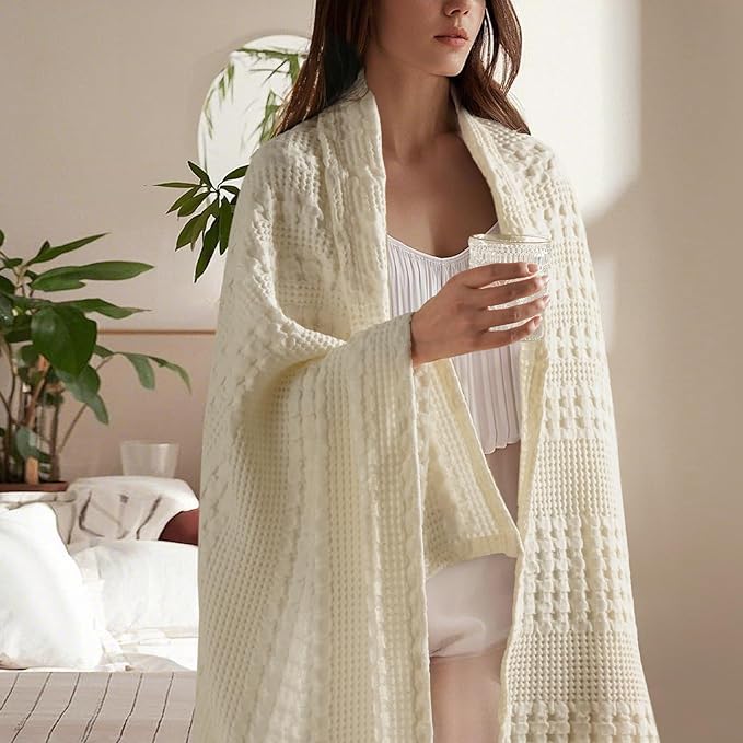 PHF 100% Cotton Waffle Weave Throw Blanket, Soft Lightweight Breathable Cozy Summer Throws for Couch Bed Sofa, Luxury Aesthetic Woven Blanket for Home Decor & Office, 50"x60", Cannoli Cream-Ruum Studio Home