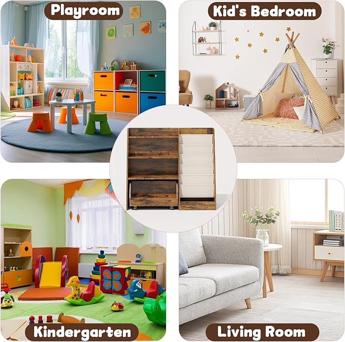 COZPAW Kids Bookshelf and Toy Storage, 4 Tier Toddler Bookshelf with Movable Drawer 5 Sling Pockets, Montessori Book Shelf for Kids Room, Playroom, Nursery (Brown)-Ruum Studio Home