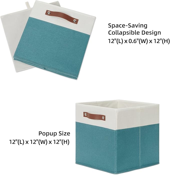 HNZIGE Storage Cubes Bins for Organization Set of 4, Fabric Storage Cube 12 x12, Collapsible Storage Bins Basket Cube with Handles, Canvas for Organizing Shelf Home Nursery(Teal White)-Ruum Studio Home