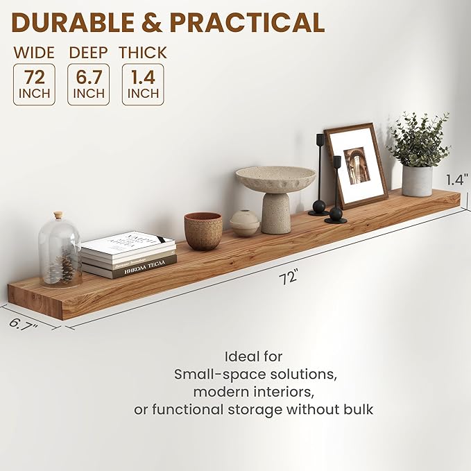 72" Floating Shelves for Wall, Rustic Elm Wood Floating Shelf for Home Decor, Wall-Mounted Display Shelves with Heavy-Duty Bracket, Long Floating Shelf for Bathroom, Kitchen, Natural Color-Ruum Studio Home
