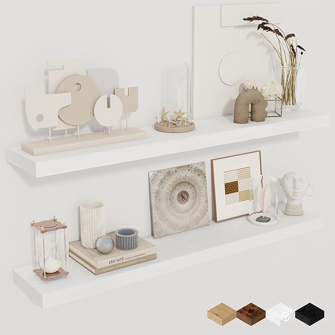 Fun Memories 36Inch Floating Shelves for Wall 2 Pack Wood Shelves for Kitchen, Bathroom, Bedroom Wall Mounted Rustic Wood Floating Shelf with Invisible Brackets for Books, Storage, Decor, White-Ruum Studio Home