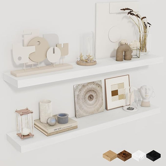 Fun Memories 36Inch Floating Shelves for Wall 2 Pack Wood Shelves for Kitchen, Bathroom, Bedroom Wall Mounted Rustic Wood Floating Shelf with Invisible Brackets for Books, Storage, Decor, White-Ruum Studio Home