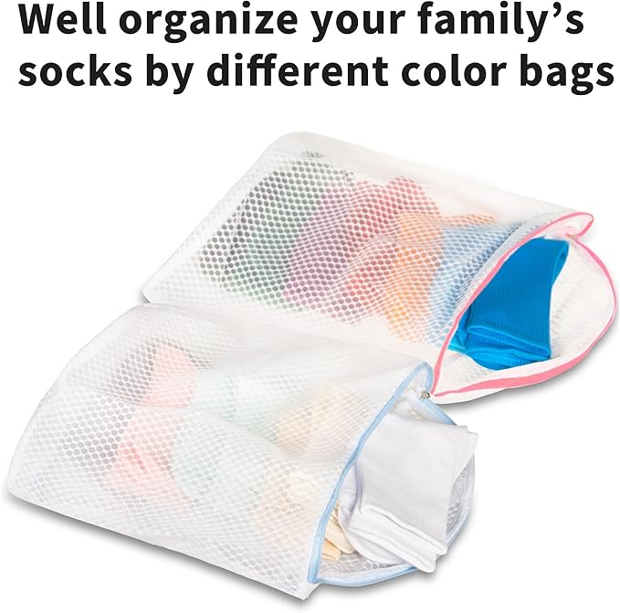 3Pcs Hanging Laundry Bags for Socks with S Hooks, 3 Color Mesh Laundry Bags for Washing Machine-Ruum Studio Home