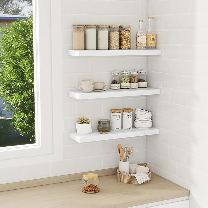 Fun Memories White Floating Shelves Wall Shelf 24 Inch Long, Rustic Bathroom Shelves, Wall Mounted Wood Floating Shelf for Kitchen, Living Room, Bedroom, 24 x 6.7 x 1.4 inch Set of 3-Ruum Studio Home