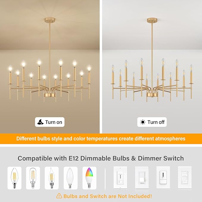 12 Light Gold Chandelier Light Fixture, Modern Farmhouse Chandeliers for Dining Room Light Fixture, Metal Candle Pendant Chandelier for Foyer Entryway Stairs Living Room Bedroom Kitchen-Ruum Studio Home