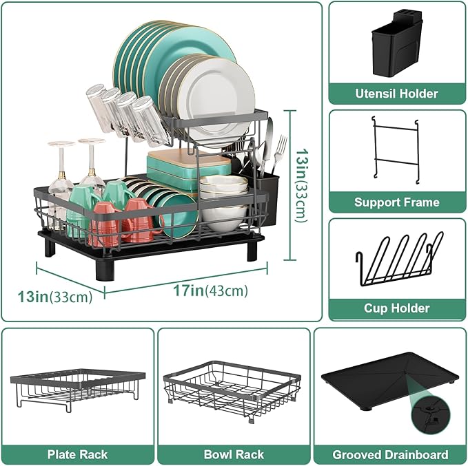 MOUKABAL Dish Drying Rack, 2 Tier Dish Rack, Large Dish Racks for Kitchen Counter, Dish Drainer with Removable Utensil Holder, Drainboard (Grey)-Ruum Studio Home