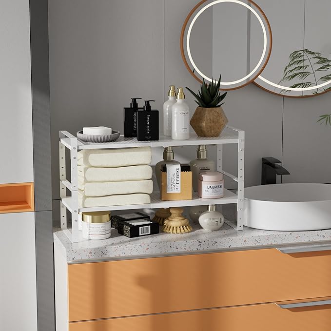 Expandable,Adjustable & Stackable Spice Rack, Cabinet Kitchen Countertop Shelf Organizer,Metal Pantry Storage Shelves - Space-Saving Storage Solution(1Pack/White/Medium)-Ruum Studio Home