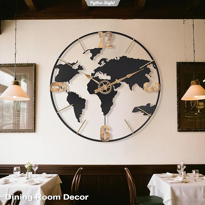 22 Inch Large Wall Clock,Modern Decorative Big World Map with Vintage Gold Arabic Numeral Extra Giant Metal Oversized Wall Clocks for Living Room,Office,Kitchen,Dining Room,Bedroom-Ruum Studio Home