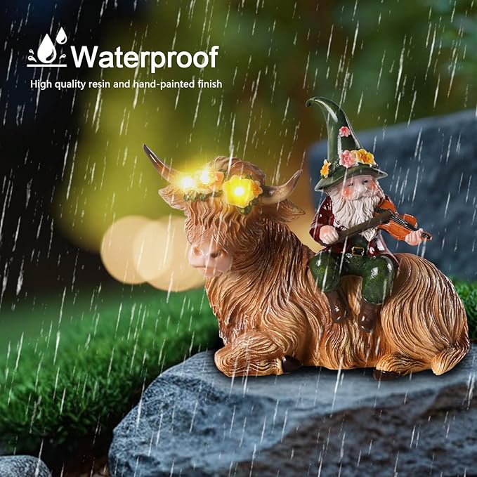 Solar Highland Cow Figurines for Garden with Gnome Playing The Violin 6.7" Resin Garden Gnomes Outdoor Patio Yard Lawn Porch Decor Birthday Housewarming Gifts for Women Mom Grandma Wife Sister Friend-Ruum Studio Home