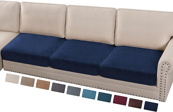 PrinceDeco Velvet Couch Cushion Covers 3 Pieces Velvet Separate Couch Cover Stretch Sofa Slipcover Washable Furniture Protector for Sectional Sofa(Each Width Up to 40", Navy)-Ruum Studio Home