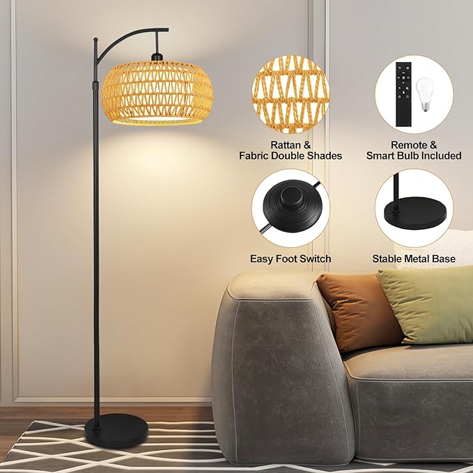 Arc Floor Lamps for Living Room Rattan Boho Floor Lamp with Remote Control,Dimmable LED Floor Lamp Wicker Lamp Shades Black Standing Lamp with 3 Color Temperature Tall Floor Lamps For Bedroom Corner-Ruum Studio Home