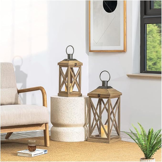 Glitzhome Mondern Farmhouse Wood Metal Lanterns Decorative Hanging Candle Lanterns Set of 2, Natural (No Glass)-Ruum Studio Home
