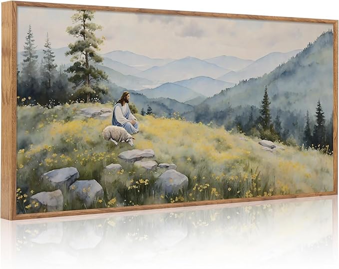 Aurlan Christian Jesus with Lost Sheep Wall Art(40"x20"), Boho Religious Lamb The Good Shepherd Psalm 23 Canvas Artwork, Large Abstcat Watercolor Vintage Nature Landscape Bible Story Decor for Home Dining Room Christ Gift-Ruum Studio Home