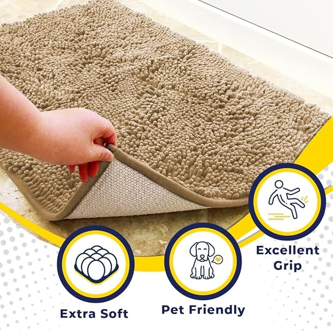 Muddy Mat® 4-Piece Beige Medium 30"X19" AS-SEEN-ON-TV Highly Absorbent Microfiber Door Mat, Bath Mat and Pet Rug, Non slip Thick Washable, Soft Chenille for Kitchen Bathroom Bedroom Indoor and Outdoor-Ruum Studio Home