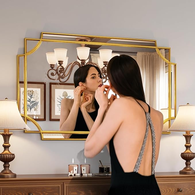 Kelly Miller Large Gold Mirror for Wall, 30"x46" Gold Bathroom Mirror Vanity Mirror Decorative Mirror Scalloped Beveled Mirror for Master Bath Half Bath Living Room Bedroom Farmhouse Fireplace Hallway-Ruum Studio Home