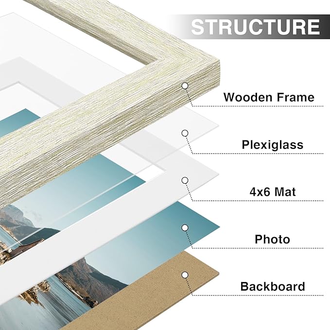 Vittanly 5x7 Picture Frames Set of 9, Shatter Resistant Plexiglass, Display 4x6 Pictures with Mat or 5x7 without Mat, Photo Frames for Wall or Tabletop, Engineered Wood, Cornsilk-Ruum Studio Home