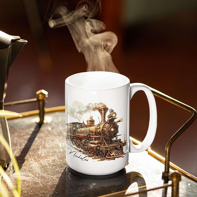Customized Vintage Locomotive Design Ceramic Cup, Personalized Steampunk Train Coffee Mug 11oz 15oz, Unique Custom Name Mug Gift For Train Enthusiasts, Steam Engine White Mug-Ruum Studio Home