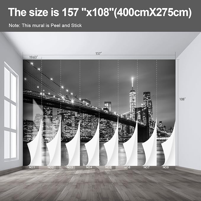 Gray Brooklyn Bridge at Night NYC Wall murals New York Peel and Stick Wallpaper for Bedroom Living Room - 108"x157"-Ruum Studio Home