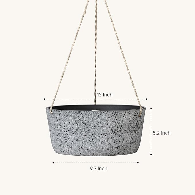 La Jolie Maison Large Hanging Planters - 12 Inch Outdoor Flower Pots, Rock Gray Hanging Garden Planters Set of 2-Ruum Studio Home