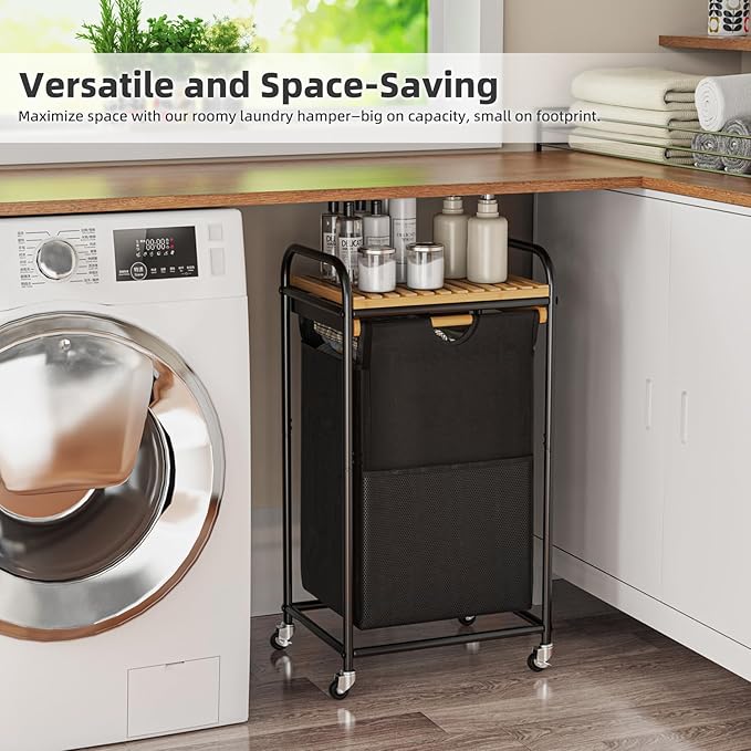 Laundry Hampers 1 Section, Laundry Sorter with Removable Shelf and Pull-Out Bags, Clothes Hampers with Wheels Rolling Cart Basket for Laundry Room Bathroom, 50 L (Black)-Ruum Studio Home