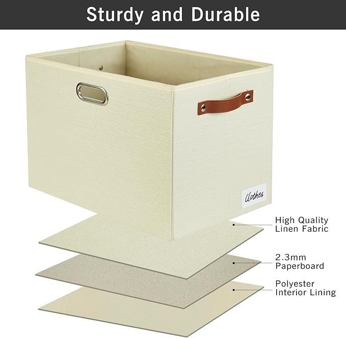 3-Pack Foldable Fabric Storage Bins with Durable PU & Metal Handles , Collapsible Storage Baskets for Shelves, Home Storage, Closet Organizers, Living Room(17"x11.8"x11.8", Beige)-Ruum Studio Home