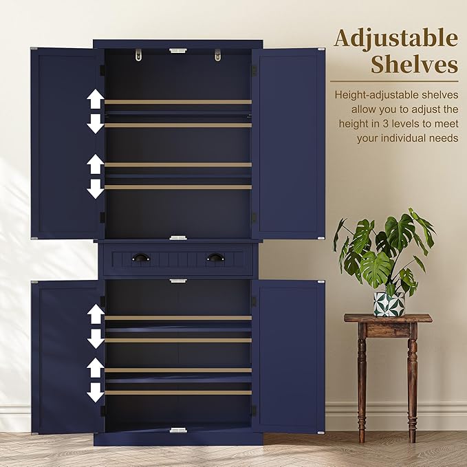 ARTPOWER 72" Tall Kitchen Pantry Storage Cabinet with Drawer and Adjustable Shelves, Pantry Cabinet for Kitchen, Bathroom or Hallway, Blue-Ruum Studio Home