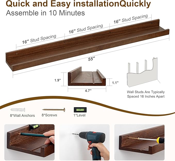 Floating Picture Ledge Shelves 55 Inch Solid Oak Wood Set of 2, Rustic Wall Storage Shelves with Lip, Kids Bookshelf, Photo & Picture Ledge Shelves for Bedroom, Living Room, Kitchen-Ruum Studio Home