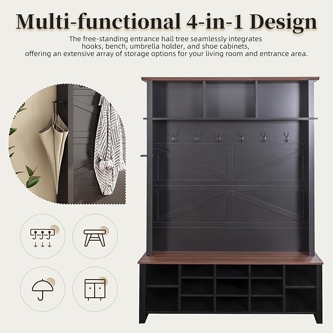 Ball & Cast 4-in-1 Hall Tree with 6 Hooks,Walnut Entryway Bench with Adjustable Shelves,Rustic Shoe Organizer with 16 Open Compartments,for Mudroom,Living Room,Hallway,Black-Ruum Studio Home