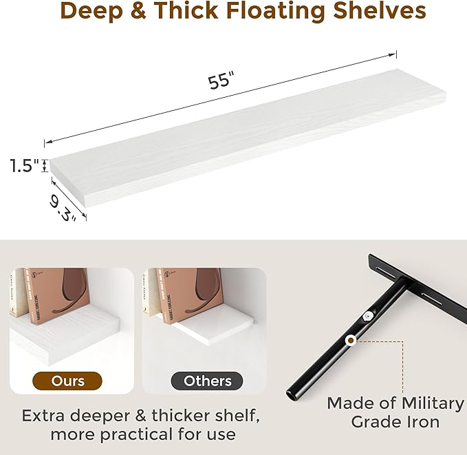 Fun Memories Floating Shelves 55 Inch Set of 2, White 55 x 9 Wall Shelves for Home Decor Storage, Rustic Wood Floating Shelf for Wall, 9 Inch Deep Shelving for Bathroom, Living Room, Kitchen-Ruum Studio Home