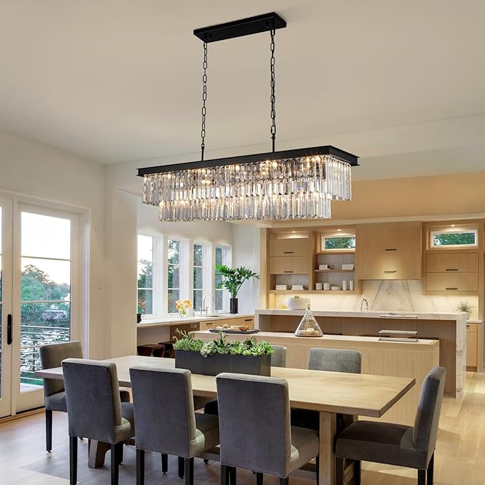 Crystal Chandeliers for Dining Room Light Fixtures Over Table，15-Lights Black Modern Rectangle Chandeliers for Kitchen Island Bar L40 Inch-Ruum Studio Home
