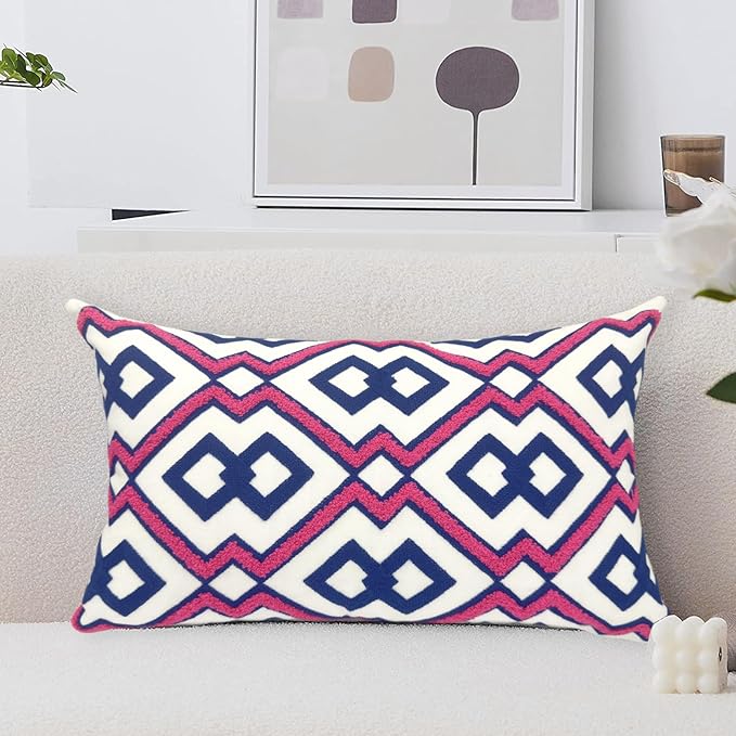 Alysheer Embroidered Lumbar Decorative Throw Pillow Cover 12"x 20", Classic Boho Geometric Embroidery Pattern Cotton Rectangular Cushion Case for Sofa Couch Living Room Bedroom(Blue Pink)-Ruum Studio Home